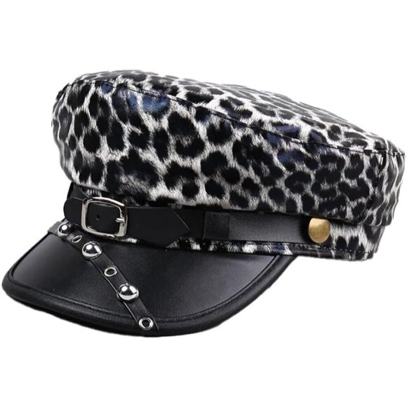 Women\'s Leopard Print Pu Leather Newsboy Hat Peaked Studded Punk Beret Cap